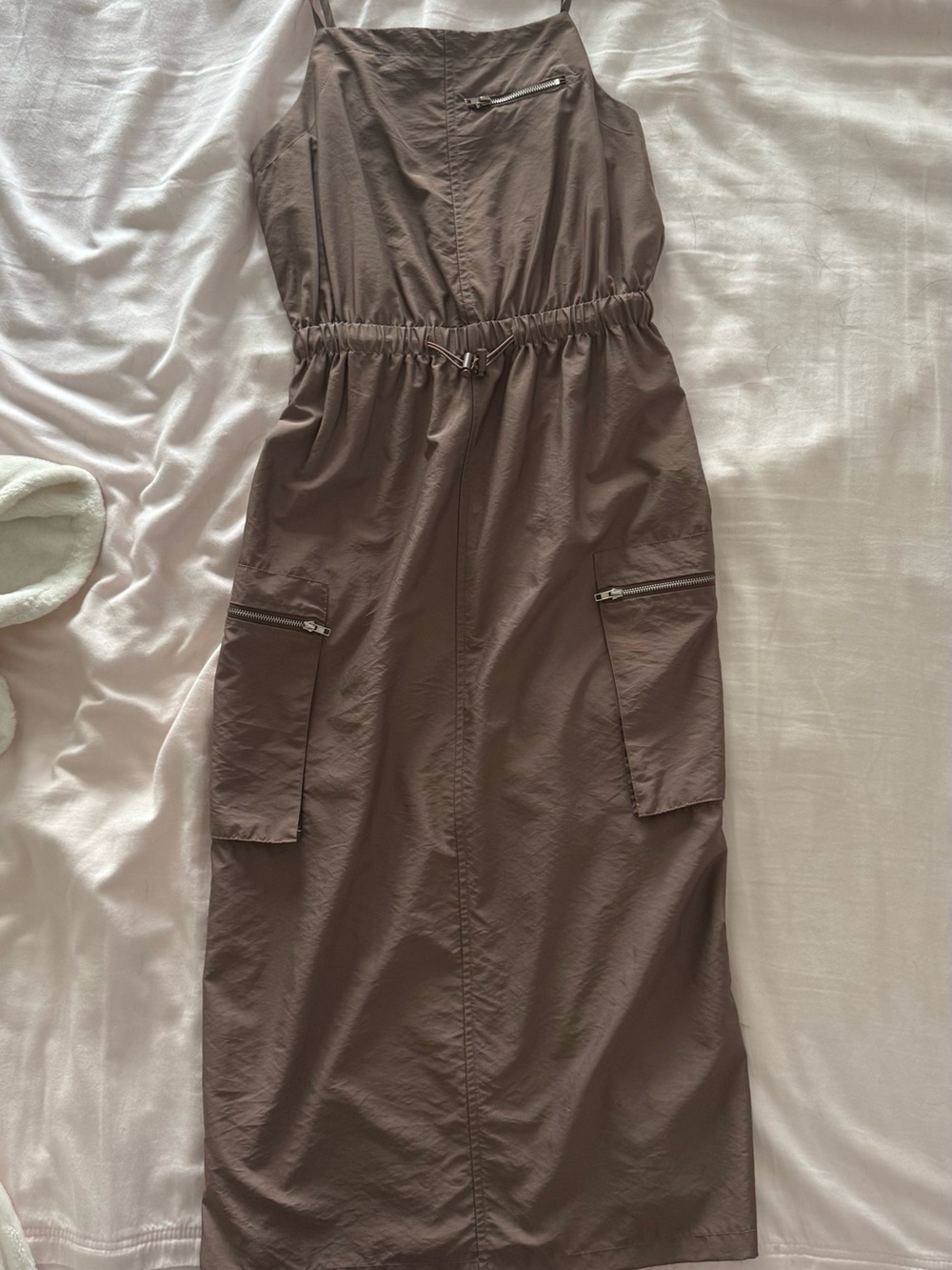 Brown Utility Midi Dress with Drawstring Waist
